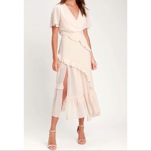 Cream Swiss Dot Ruffled Midi Dress